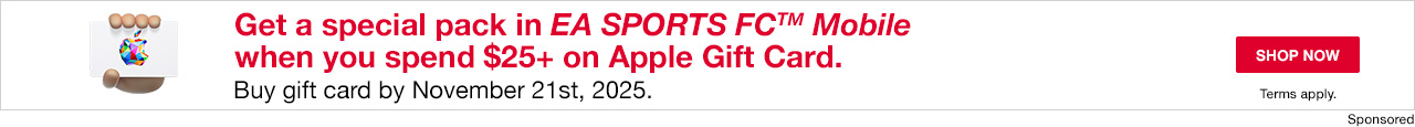 Get a special pack in EA SPORTS FC™ Mobile when you spend $25+ on Apple Gift Card. Shop now.