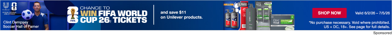 CHANCE TO WIN FIFA WORLD CUP 26™ TICKETS and save $11 on Unilever products. SHOP NOW