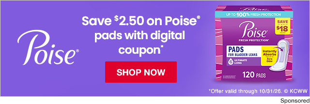 Save $2.50 on Poise pads with digital coupon*