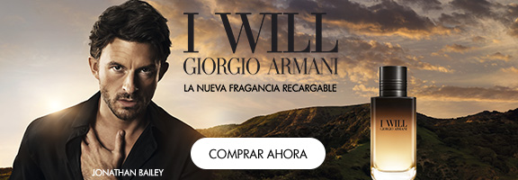 Giorgio Armani I Will, nueva fragancia recargable. Frasco de perfume, paisaje y botón “Comprar ahora”