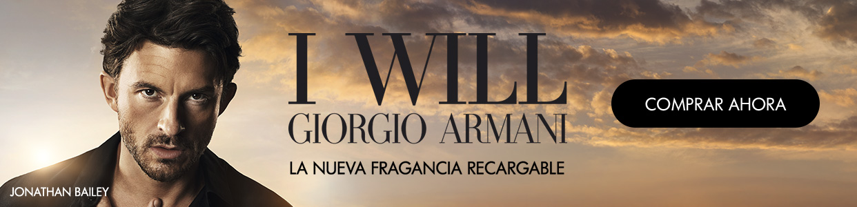 Giorgio Armani I Will, nueva fragancia recargable. Frasco de perfume, paisaje y botón “Comprar ahora”