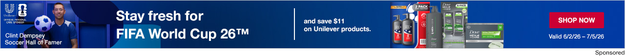 Stay fresh for FIFA World Cup 26™ and save $11 on Unilever products. SHOP NOW
