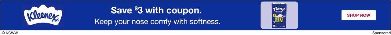 Kleenex. Save $3 with coupon.