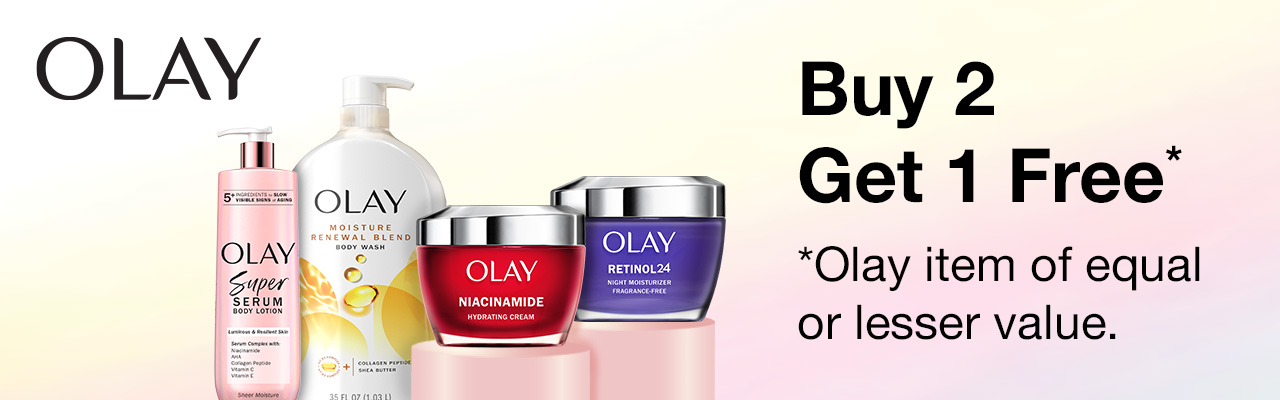 OLAY, Buy 2 Get 1 Free*, *Olay item of equal or lesser value. SHOP NOW