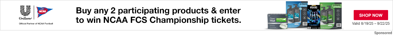 Dove-Axe, Buy any 2 participating products & enter to win NCAA FCS Championship tickets. Shop Now.