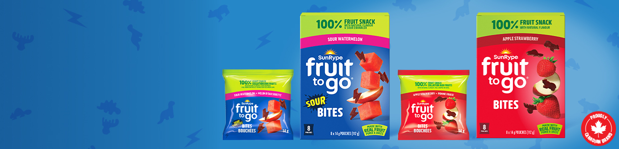 SunRype, Fruit to go. 100% Fruit in Every Bite, Made with real fruit puree and juices. Shop Now