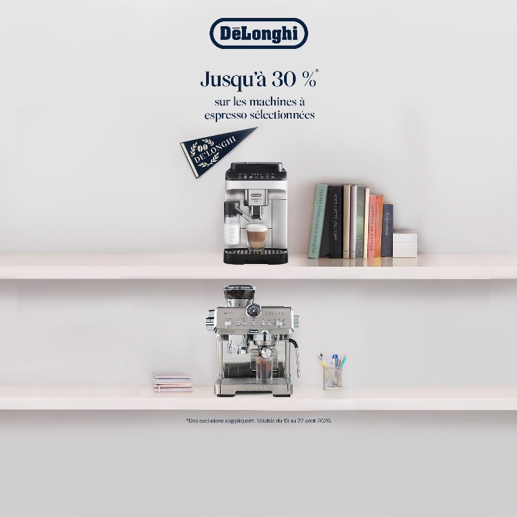 DeLonghi Jusqu'à 30 %*sur les machines à espresso sélectionnéesMagasinez*Des exclusions s'appliquent.Valide 13 au 27 aug