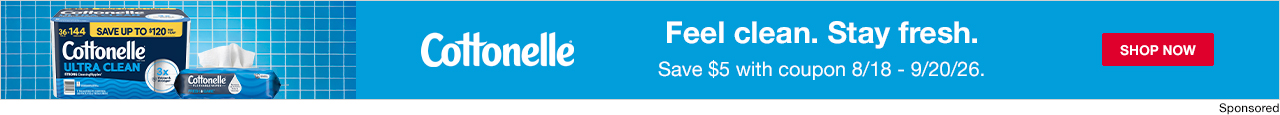 Cottonelle. Save $5 with coupon 8/18-9/20/26.