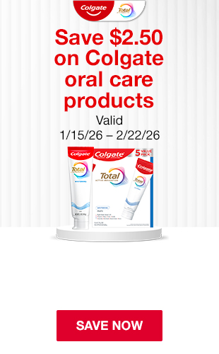 Colgate total, Save $2.50 on Colgate oral care products. Valid 1/15/26 - 2/22/26. Save now