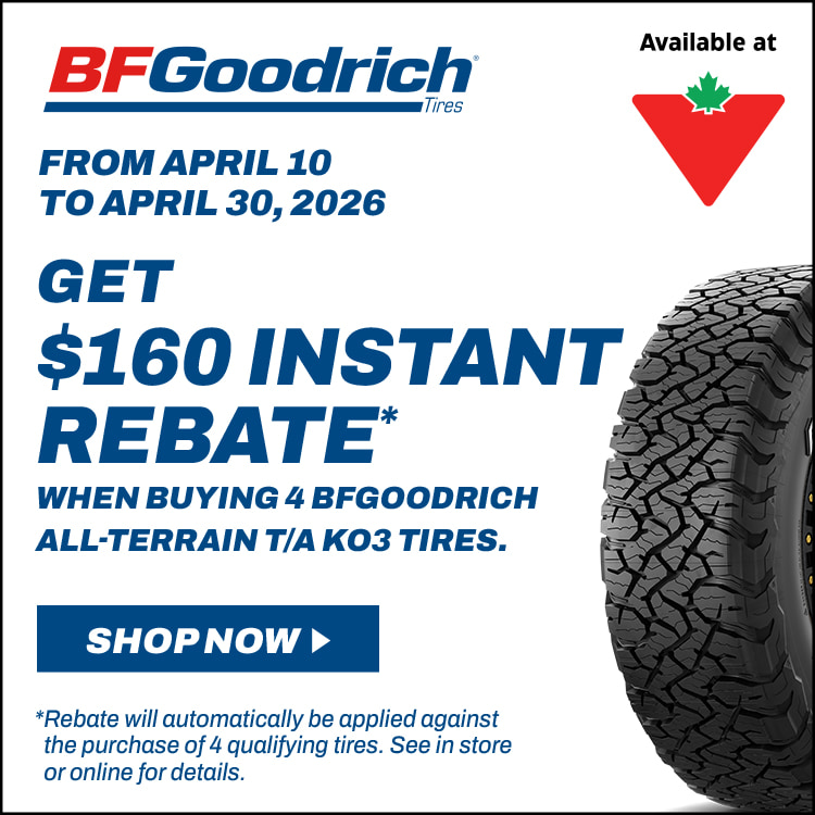BFGoodrich Tires. From April 10 to April 30, 2026, get a $160 instant rebate when buying 4 BFGoodrich All-Terrain T/A KO