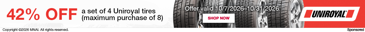 Michelin. 42% Off a set of 4 Uniroyal tires (maximum purchase of 8). Offer valid 10/7/2026-10/31/2026. Shop Now.