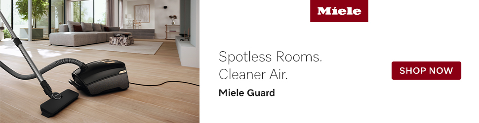 Advertisement. Spotless rooms. cleaner air. miele guard. shop now. 
