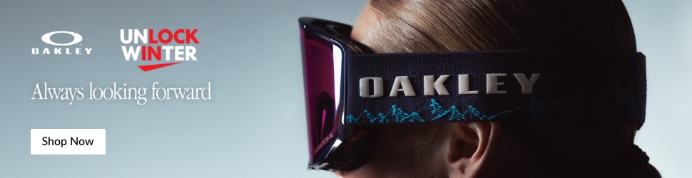 Advertisement. Oakley, Unlock Winter, Always looking forward, Shop Now