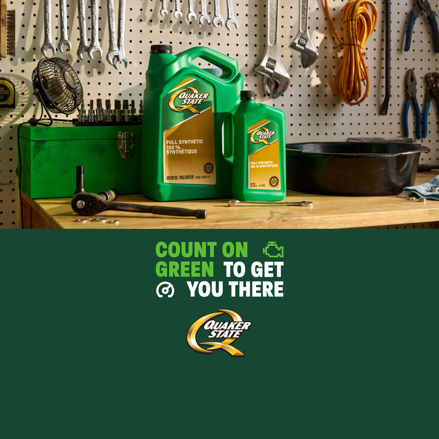 Quaker State. Count on green to get you there motor oil. Full synthetic. Available at Canadian Tire. Shop Now.