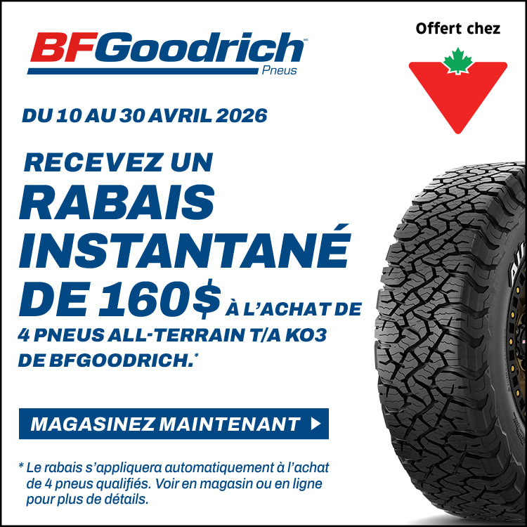 BFGoodrich Pneus. Du 10 au 30 avril 2026, recevez un rabais instantané de 160 $ à l’achat de 4 pneus All-Terrain T/A KO3