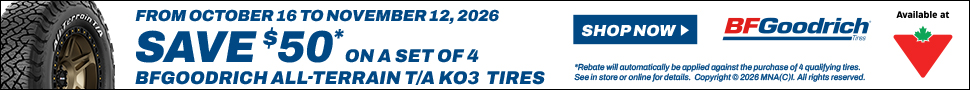 Advertisement. BFGoodrich Tires. FROM OCTOBER 16 TO NOVEMBER 12, GET $50 INSTANT REBATE* WHEN BUYING 4 BFG ALL-TERRAIN T/A KO3 TIRES.
