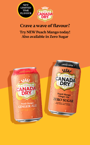 CANADA DRY, NEW LIMITED TIME FLAVOUR, Crave a wave of flavour? Try NEW Peach Mango today! Also available in Zero Sugar.