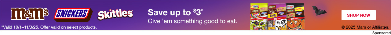 Halloween-themed ad for Mars candies. Text says "Save up to $3" with an expiration date of 11/3/25.