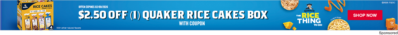 $2.50 OFF (1) QUAKER RICE CAKES BOX WITH COUPON. OFFER EXPIRES 02/09/2026