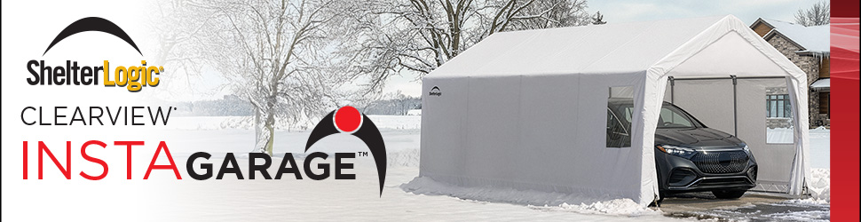 Advertisement. ShelterLogic. CLEARVIEW® INSTAGARAGE®. Durable protection, ready in minutes. Shelter with vehicle in snowy setting.