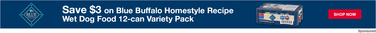 Blue Buffalo. Save $3 on Blue Buffalo Homestyle Recipe Wet Dog Food 12-can Variety Pack.