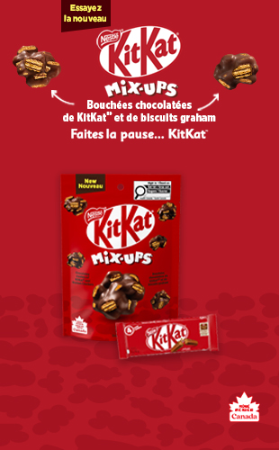 Essayez la nouveau Nestle KitKat Mix-ups, Bouchées chocolatées de KitKat" et de biscuits graham. Faites la pause... KitKat.