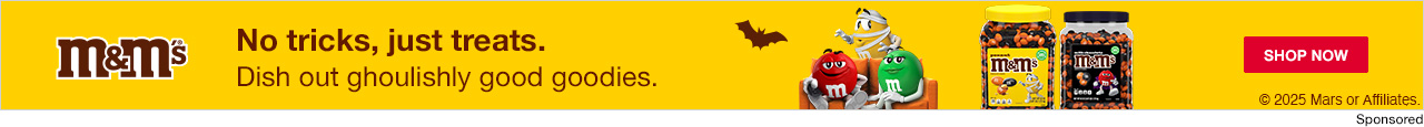 Yellow M&M's ad with Halloween-themed candy jars. Text reads "No tricks, just treats. Dish out ghoulishly goodies." 