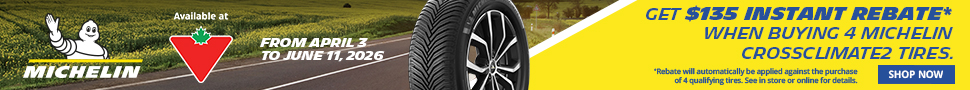Advertisement. MICHELIN, FROM APRIL 3 TO JUNE 11 2026, GET $135 INSTANT REBATE WHEN BUYING 4 MICHELIN CROSSCLIMATE2 TIRES, SHOP NOW