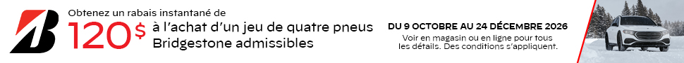 Advertisement. Obtenez 120$ de rabais instantané à l’achat de 4 pneus Bridgestone admissibles. Du 9 oct. au 24 déc.