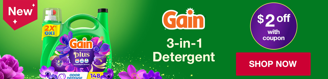New, Gain 3-in-1 Detergent, $2 off with coupon, SHOP NOW