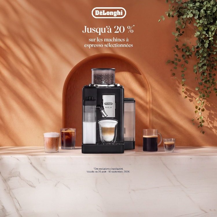 DeLonghi Jusqu'à 20 %* sur les machines à espresso sélectionnées.Des exclusions s'appliquent.Valide du 28 août 10 sept