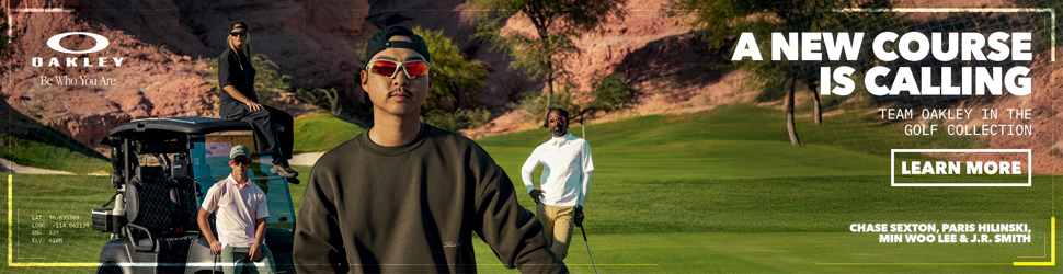 Advertisement. A new course is calling. Explore Team Oakley in the Golf Collection, featuring Chase Sexton, Paris Hilinski, Min Woo Lee