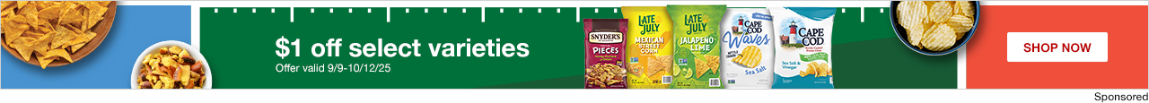 Football-themed ad for Campbell's snacks. $1 off select varieties. Offer valid 9/9-10/12/25.