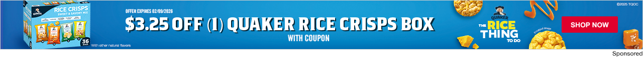 $3.25 OFF (1) QUAKER RICE CRISPS BOX WITH COUPON. OFFER EXPIRES 02/09/2026