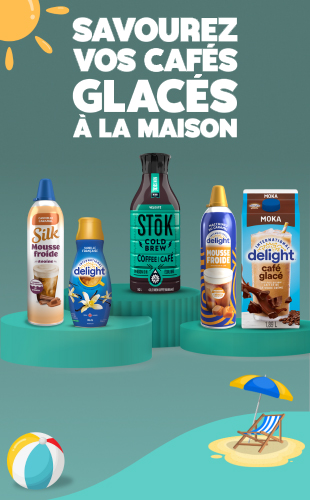 Delight café giacé, Mousse froide, Stok cold brew, & Silk Mousse froide. SAVOUREZ VOS CAFÉS GLACÉS À LA MAISON.