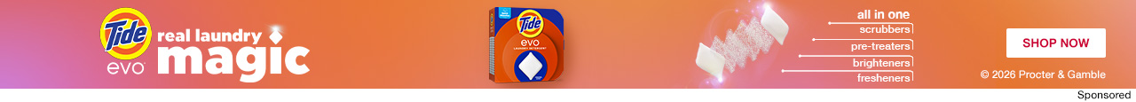 Tide evo real laundry magic. all in one, scrubbers, pre-treaters, brighteners, fresheners. SHOP NOW
