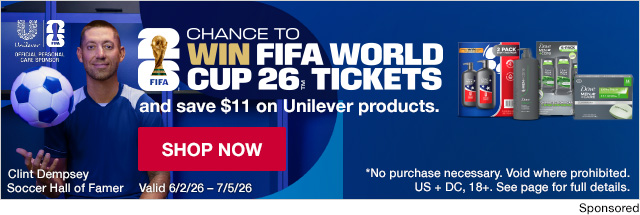 CHANCE TO WIN FIFA WORLD CUP 26™ TICKETS and save $11 on Unilever products. SHOP NOW