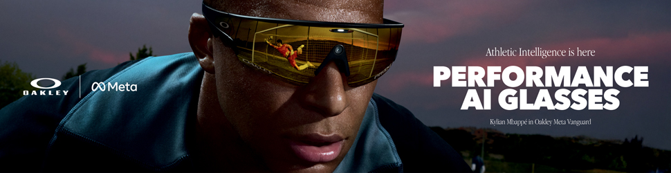 Advertisement. Sunglasses, Oakley, Meta, Athlete Intelligence is here, Performance AI Glasses, Kylian Mbappe in Oakley Meta Vanguard