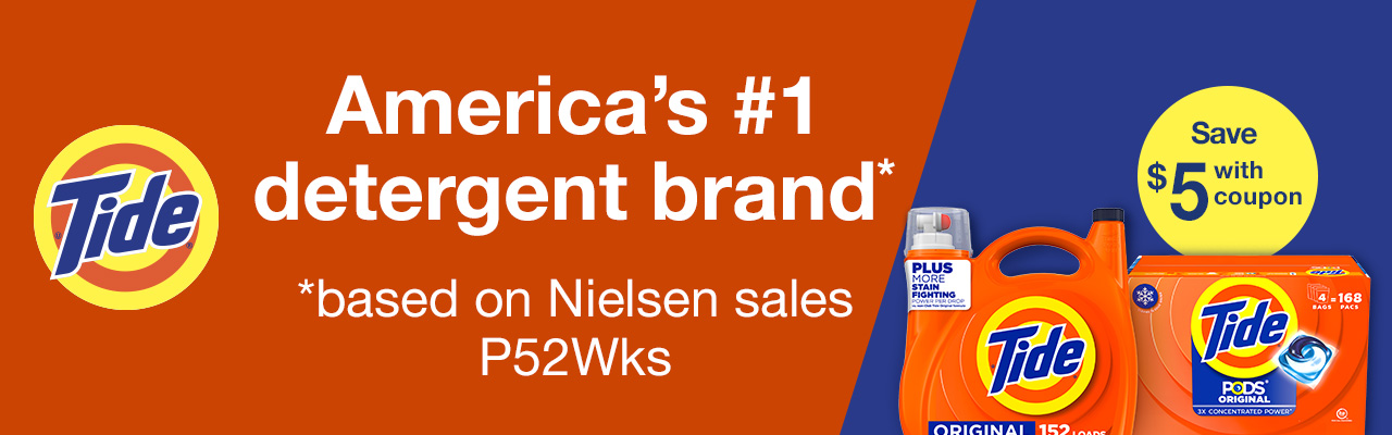 Tide, America’s #1 detergent brand*, Save $5 with coupon, *based on Nielsen sales P52Wks
