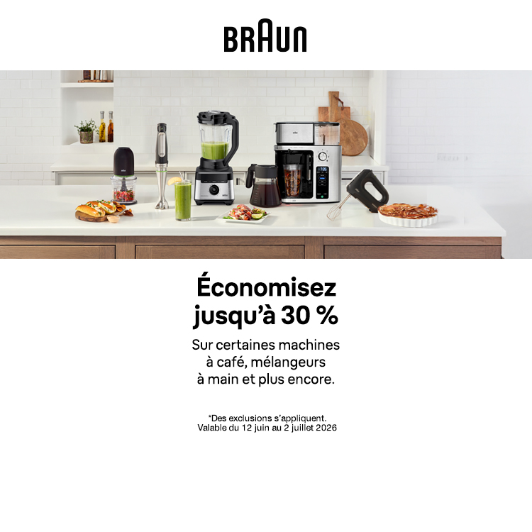 BRAUN Économisez jusqu’à 30  certaines machines à café, mélangeurs à main et plus encore.Magasinez