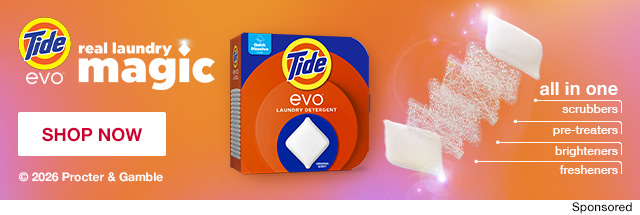 Tide evo real laundry magic. all in one, scrubbers, pre-treaters, brighteners, fresheners. SHOP NOW