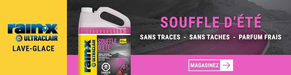 Advertisement. Rain‑X. CLEARVIEW WINDSHIELD WASHER FLUID. Soufflé d’été lave glace. Sans traces. Sans taches. Parfum frais. Magasinez