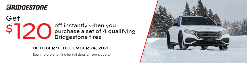 Advertisement. Bridgestone. Get $120 off instantly when you purchase a set of 4 qualifying Bridgestone tires. OCTOBER 9 - DECEMBER 24