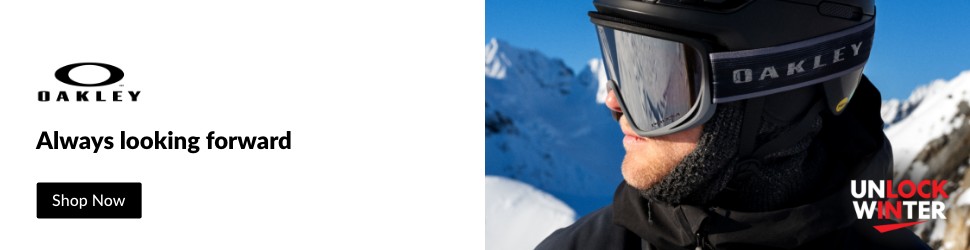 Advertisement. Oakley, Unlock Winter, Always looking forward, Shop Now