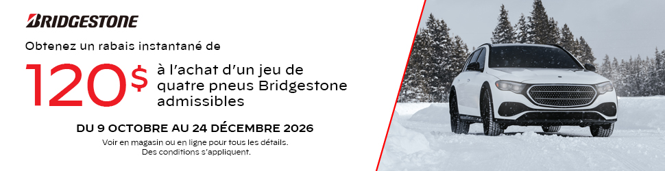 Advertisement. Obtenez 120$ de rabais instantané à l’achat de 4 pneus Bridgestone admissibles. Du 9 oct. au 24 déc.