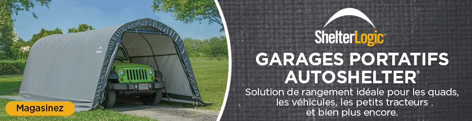 Advertisement. ShelterLogic® GARAGES PORTATIFS AUTOSHELTER® Rangement pour quads, véhicules et petits tracteurs. Magasinez.