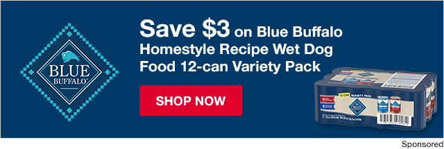 Blue Buffalo. Save $3 on Blue Buffalo Homestyle Recipe Wet Dog Food 12-can Variety Pack.