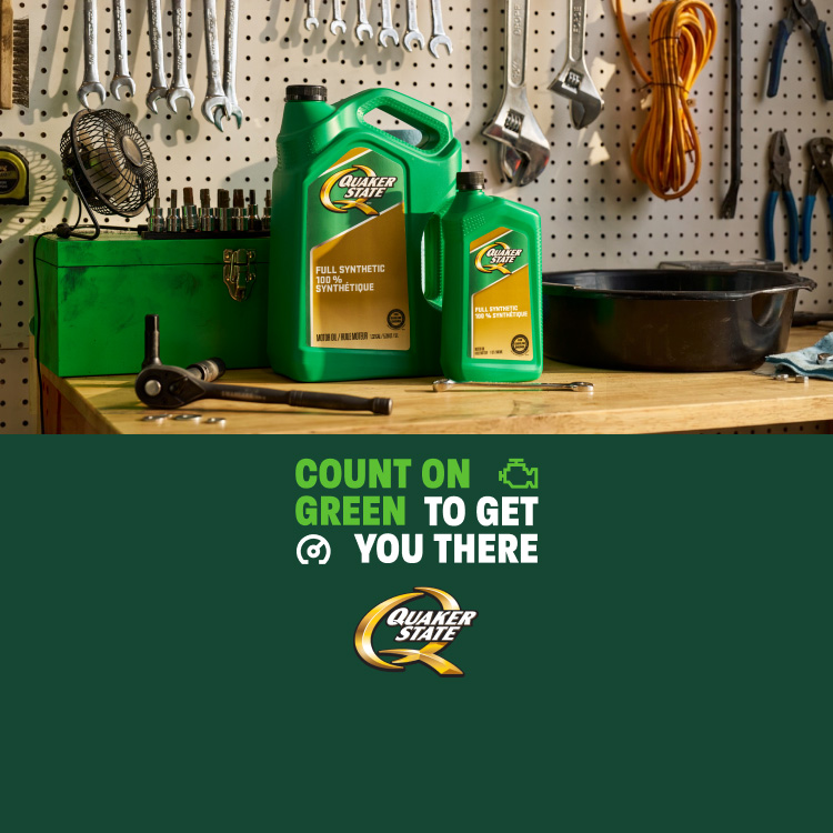 Quaker State. Count on green to get you there motor oil. Full synthetic. Available at Canadian Tire. Shop Now.